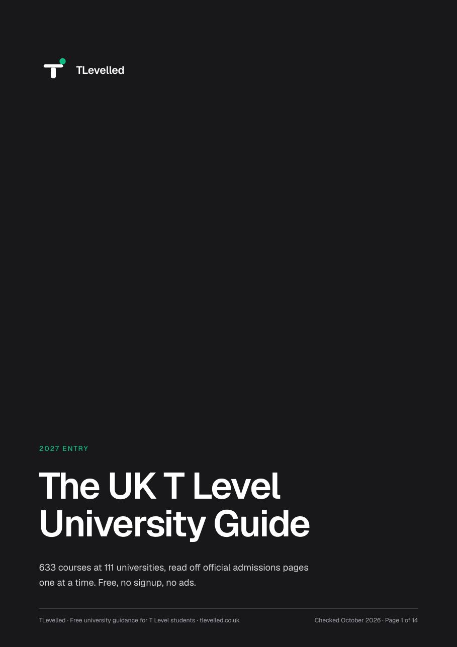 Cover of the guide, reading "The UK T Level University Guide, 2027 entry".